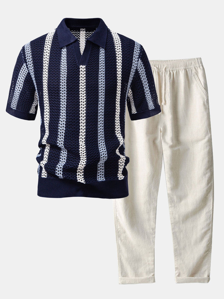 Striped Crochet V Neck Polo &amp; Straight Leg Linen Pants