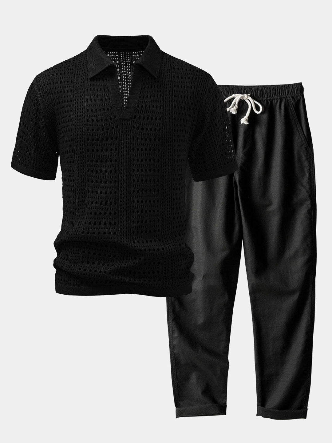 Crochet  V Neck Polo Shirt &amp; Straight Leg Linen Pants
