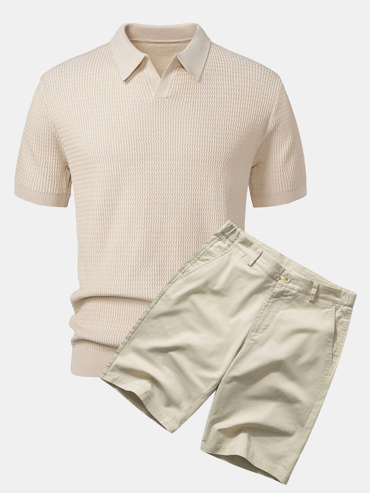Wave Jacquard Knit V Neck Polo Shirt &amp; Cotton Chino Shorts
