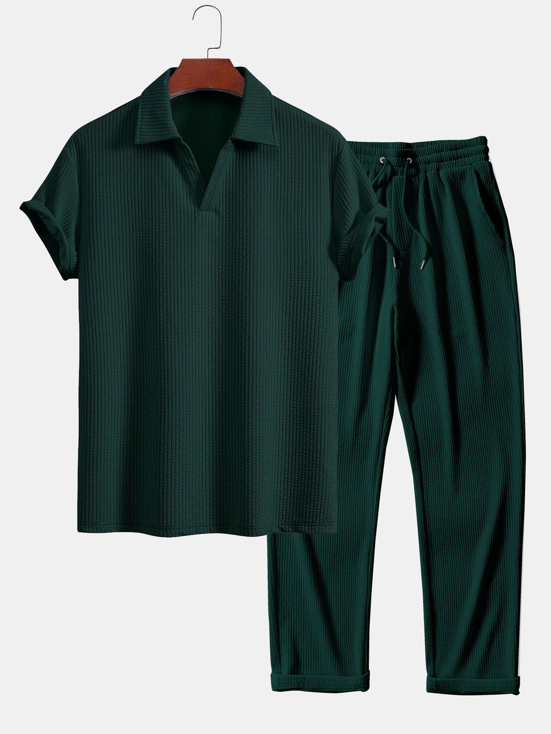 Short Sleeved V-Neck Ribbed Polo &amp; Straight Leg Ribbed Pants