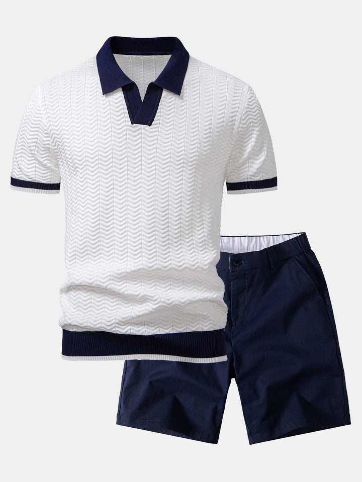 Texture Contrast Knitted V Neck Polo Shirt &amp; Elastic Waist Chino Shorts
