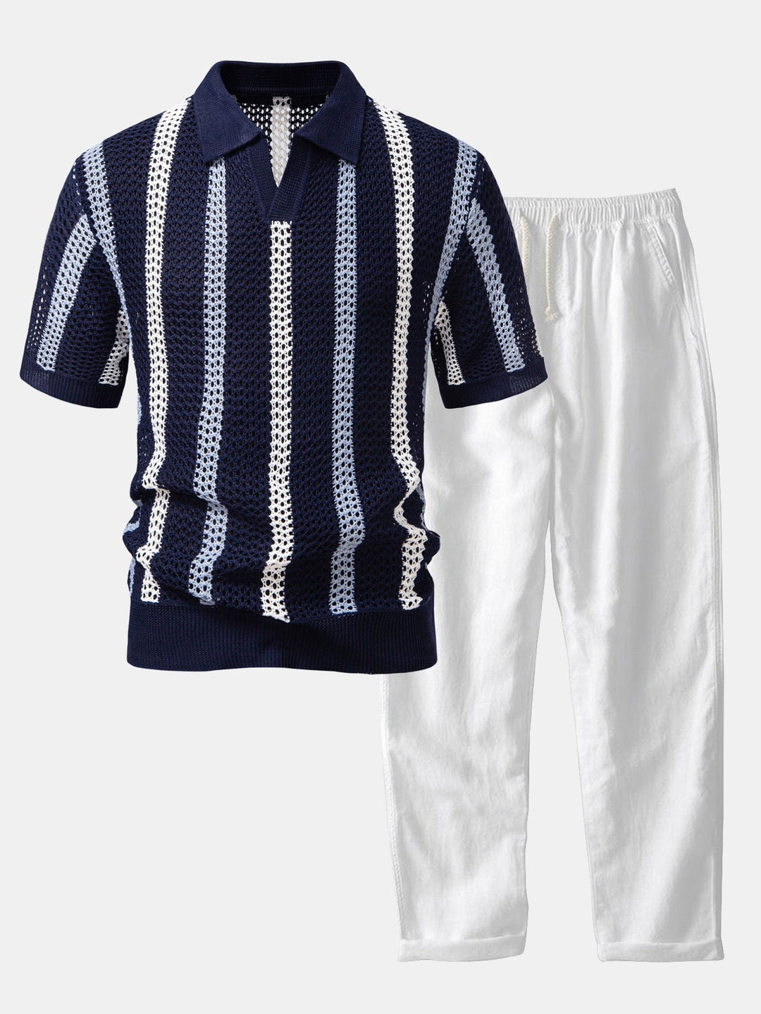 Striped Crochet V Neck Polo &amp; Straight Leg Linen Pants