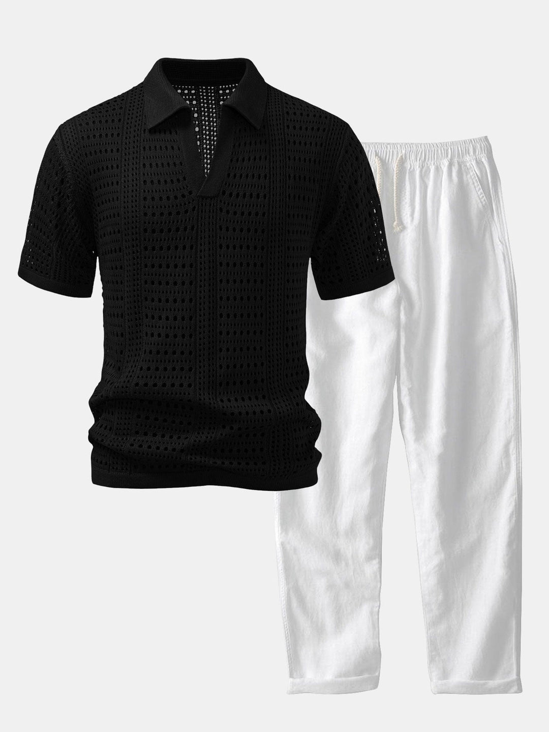 Crochet  V Neck Polo Shirt &amp; Straight Leg Linen Pants