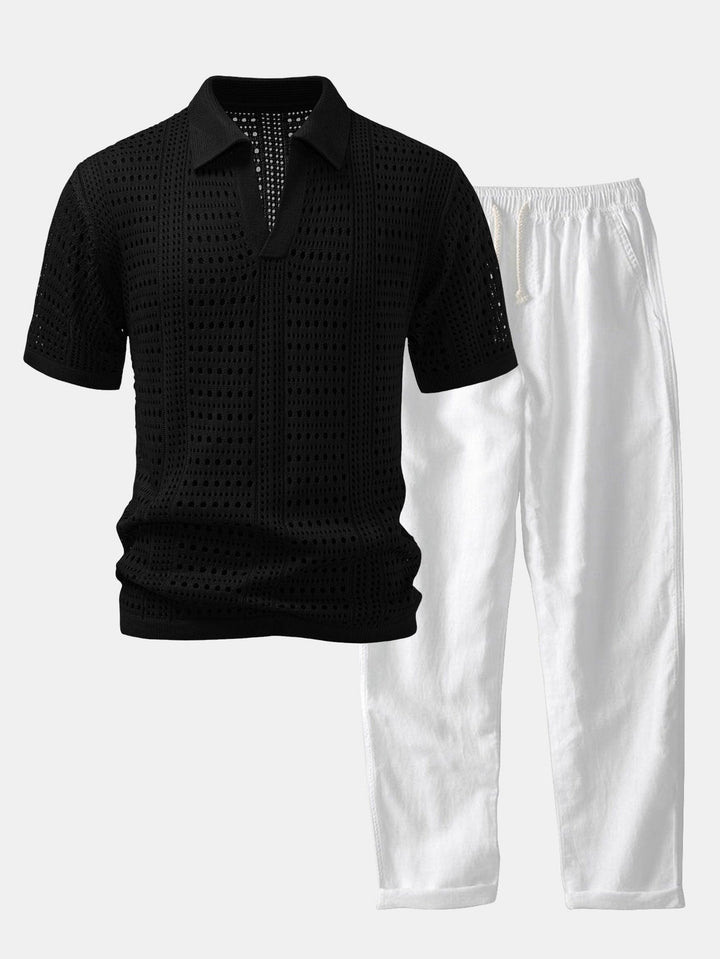 Crochet  V Neck Polo Shirt &amp; Straight Leg Linen Pants