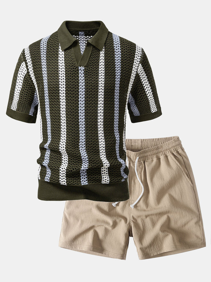 Striped Crochet V Neck Polo &amp; Crinkle Textured Drawstring 5" Shorts