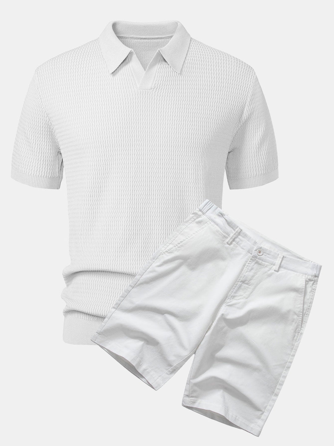 Wave Jacquard Knit V Neck Polo Shirt &amp; Cotton Chino Shorts
