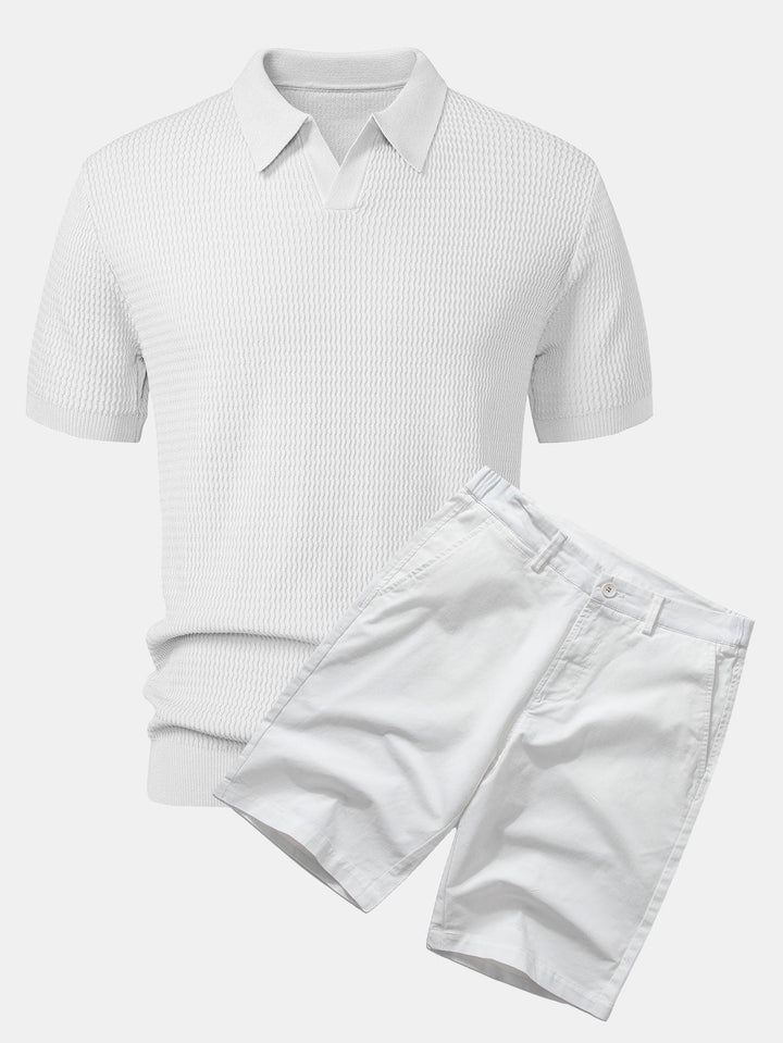 Wave Jacquard Knit V Neck Polo Shirt &amp; Cotton Chino Shorts
