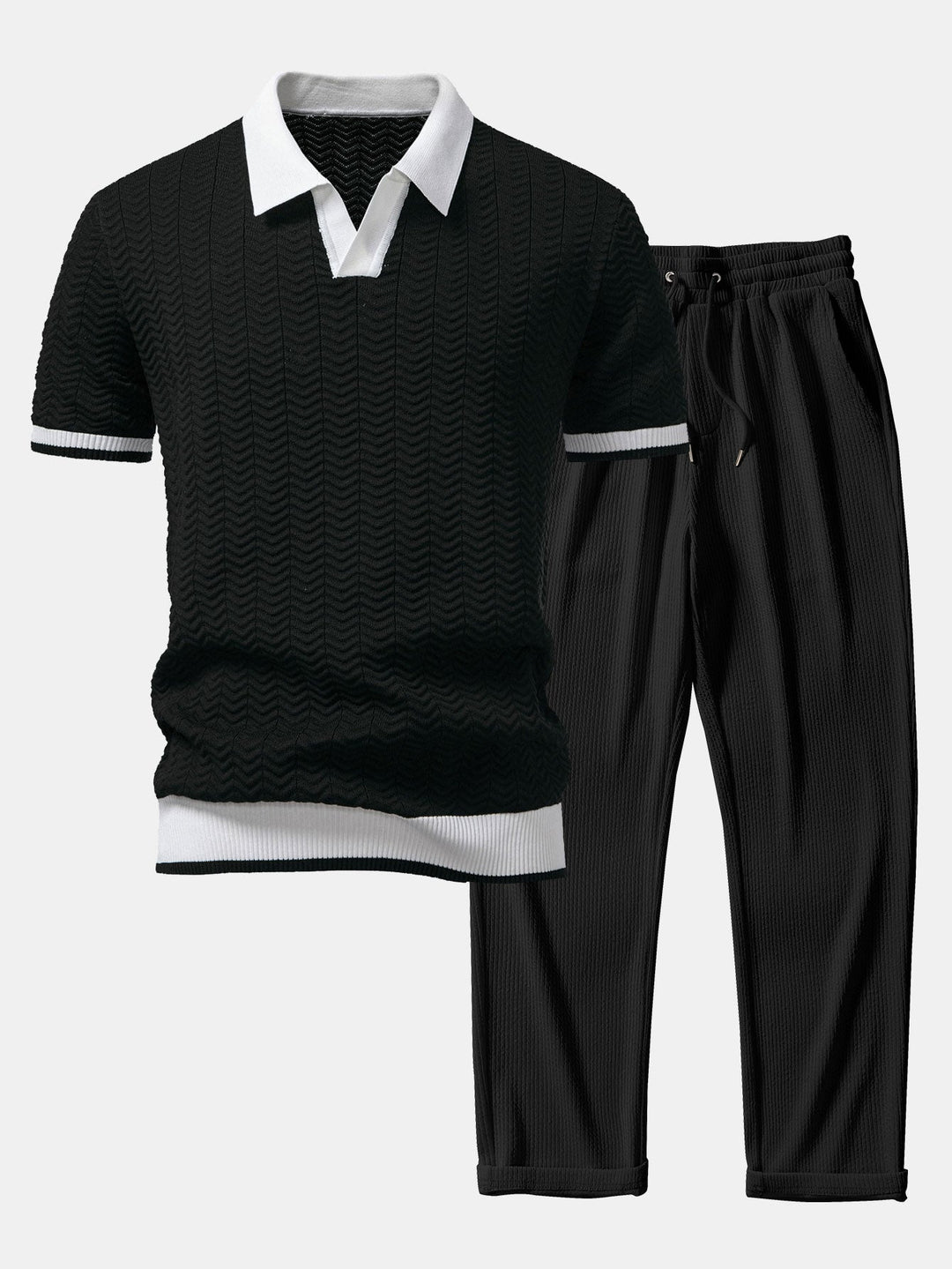 Texture Contrast Knitted V Neck Polo Shirt &amp; Straight Leg Ribbed Pants