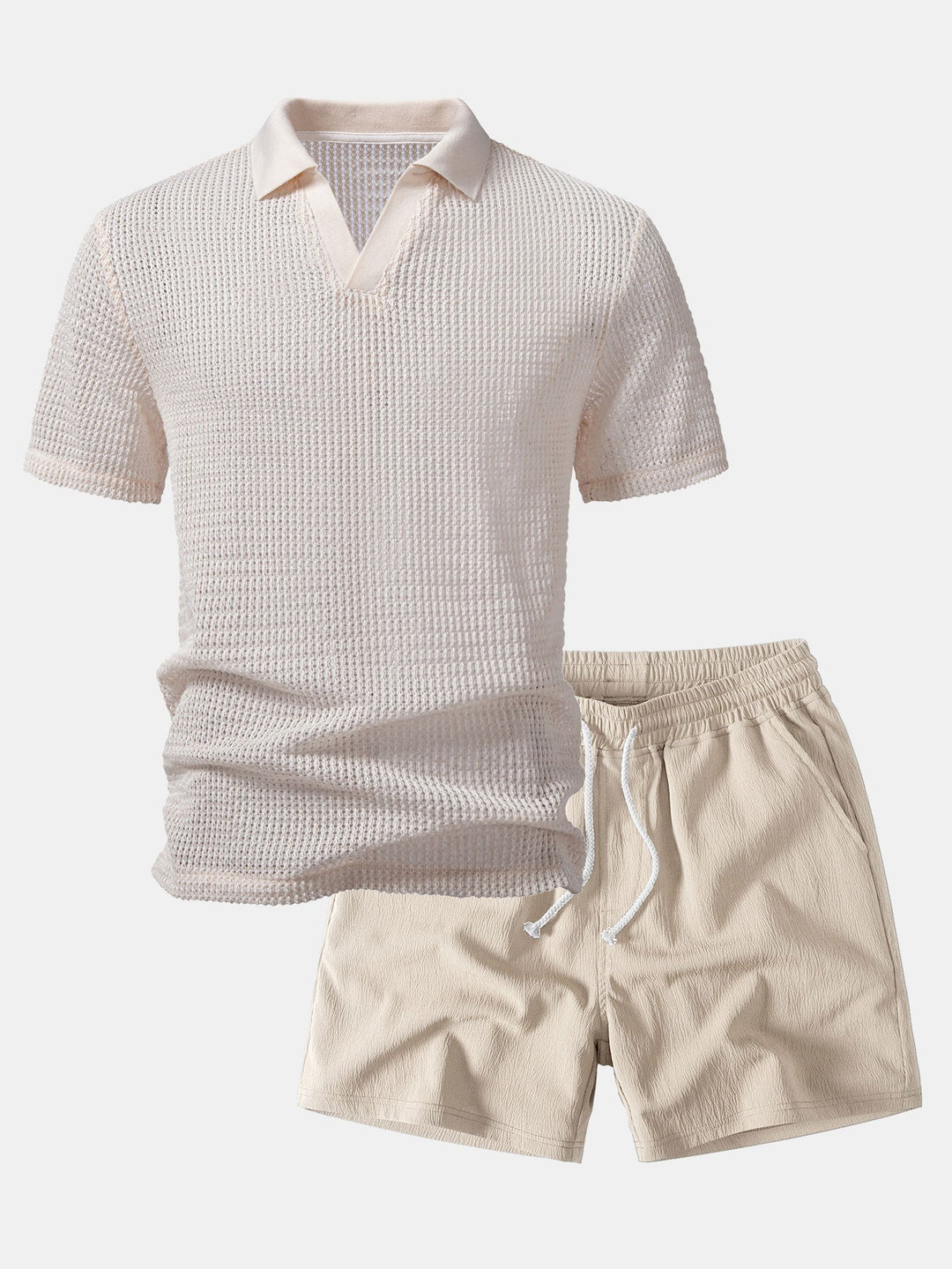 Relax Fit Crocheted V Neck Polo &amp; Crinkle Textured Drawstring 5" Shorts