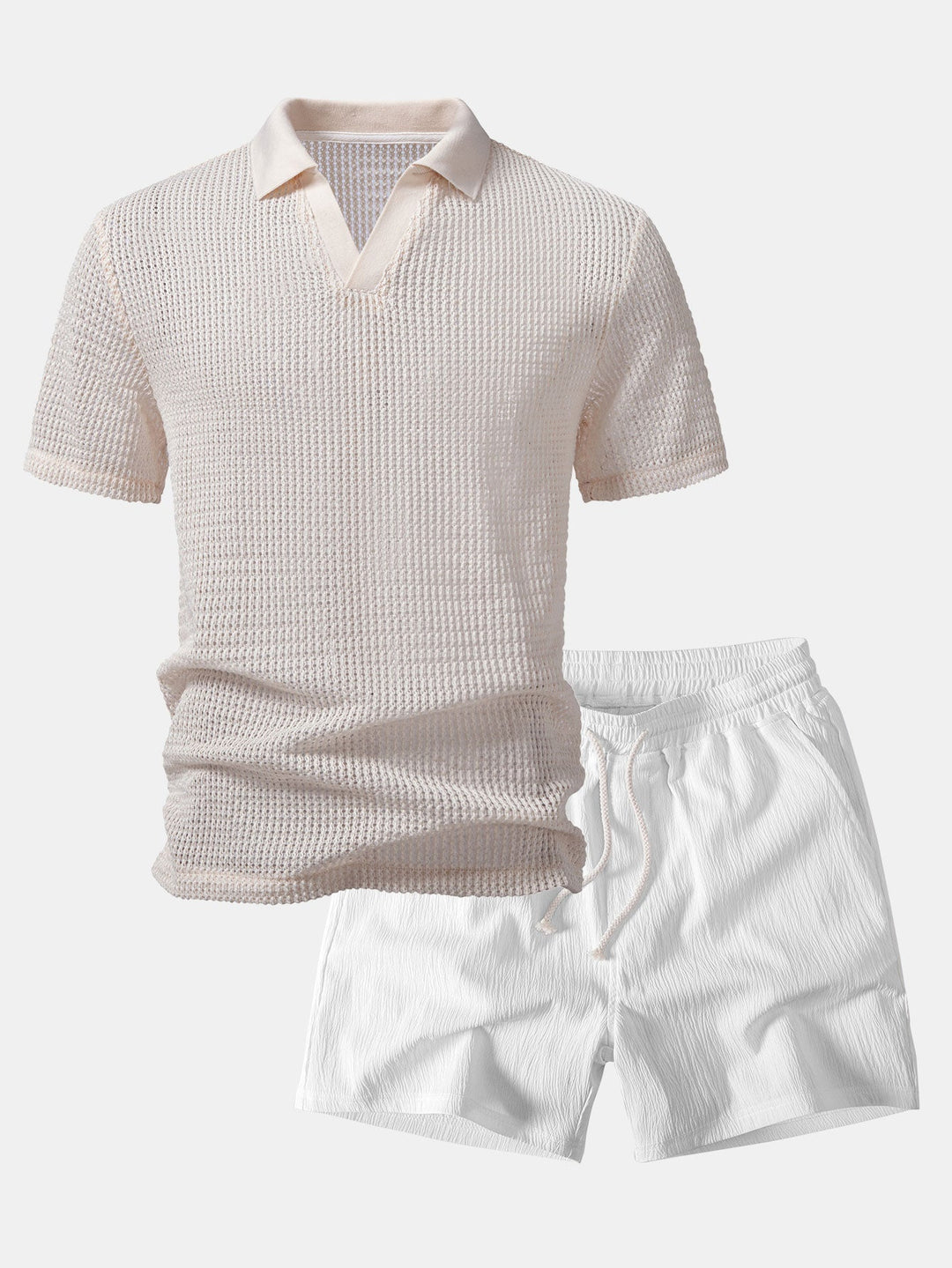 Relax Fit Crocheted V Neck Polo &amp; Crinkle Textured Drawstring 5" Shorts