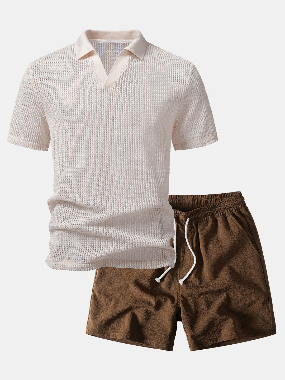Relax Fit Crocheted V Neck Polo &amp; Crinkle Textured Drawstring 5" Shorts
