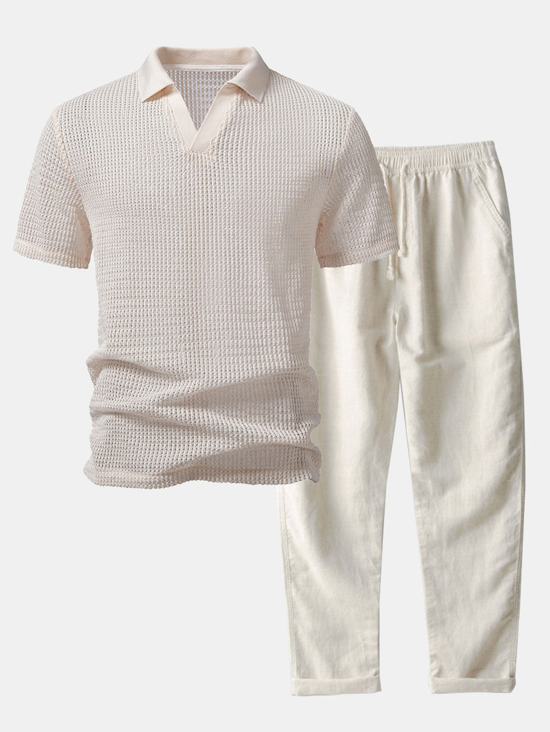 Relax Fit Crocheted V Neck Polo &amp; Straight Leg Linen Pants