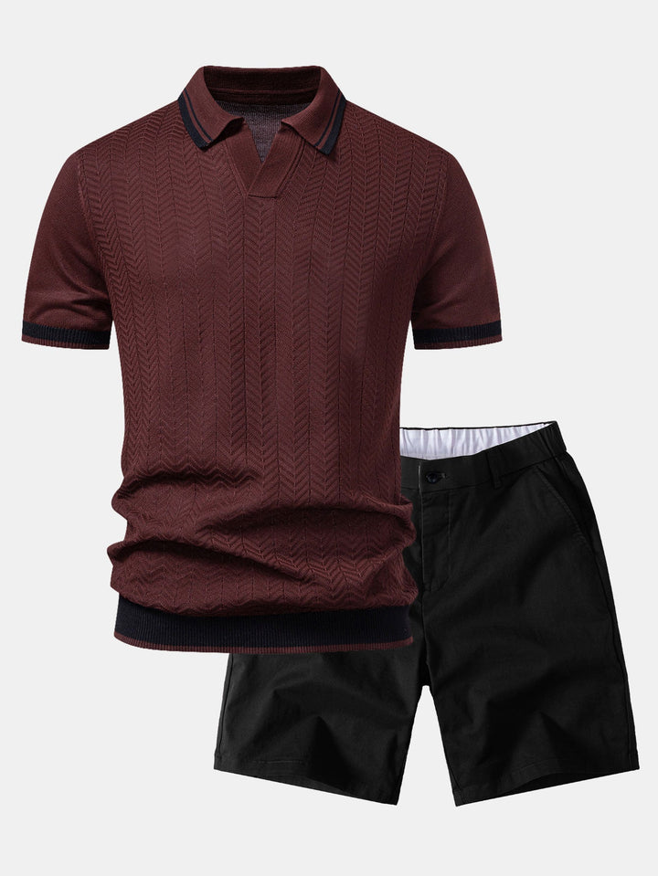 Contrast Textured Jacquard V Neck Knit Polo &amp; Elastic Waist Chino Shorts