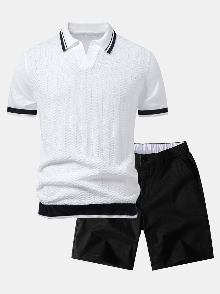 Contrast Textured Jacquard V Neck Knit Polo &amp; Elastic Waist Chino Shorts