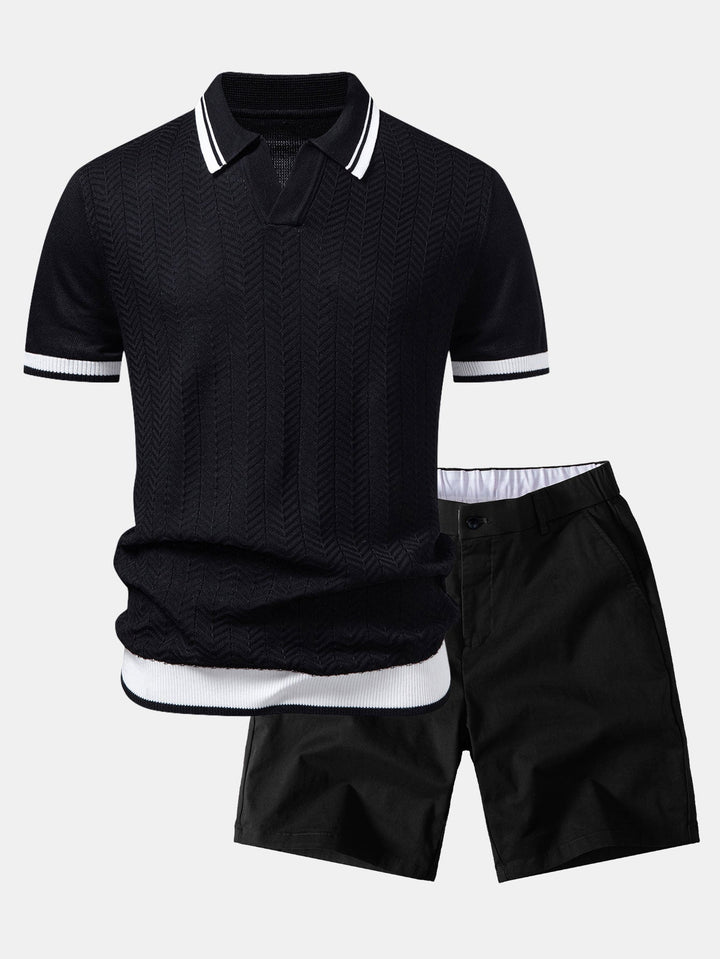 Contrast Textured Jacquard V Neck Knit Polo &amp; Elastic Waist Chino Shorts