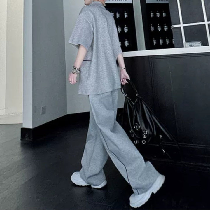 Stand-Collar Short-Sleeve Contrast Piping T-Shirt with &amp; Zip-Front Wide-Leg Trousers Two-Piece Set