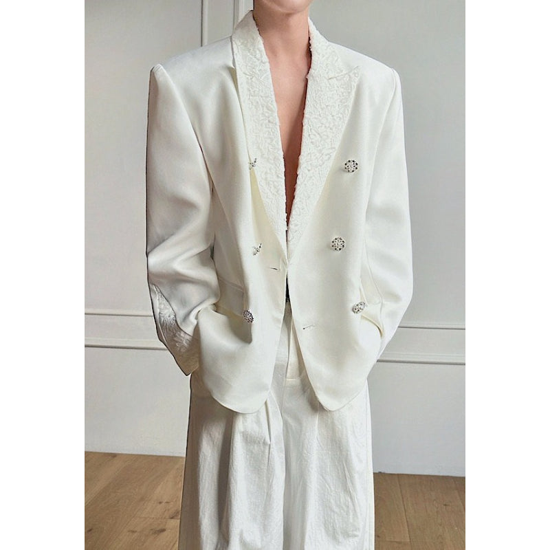 Lace-Paneled Double-Breasted Blazer with Shoulder Pads