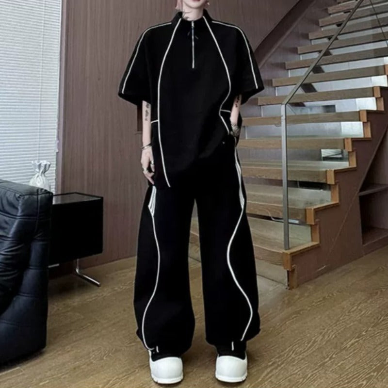 Stand-Collar Short-Sleeve Contrast Piping T-Shirt with &amp; Zip-Front Wide-Leg Trousers Two-Piece Set