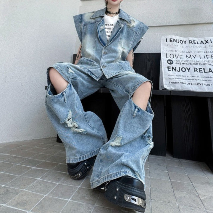 Distressed Collar Loose Denim Vest and Ripped Denim Trousers Suit