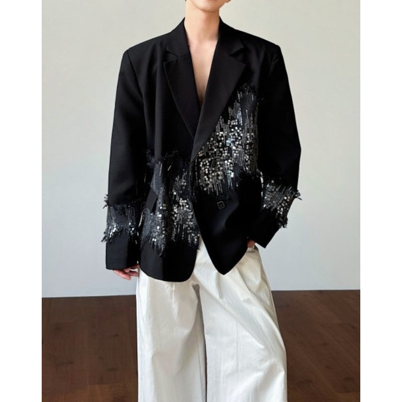 Black Sequin-Paneled Blazer with Shoulder Pads