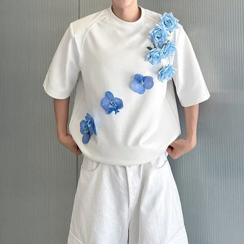 3D Blue Floral Applique Oversized T-Shirt