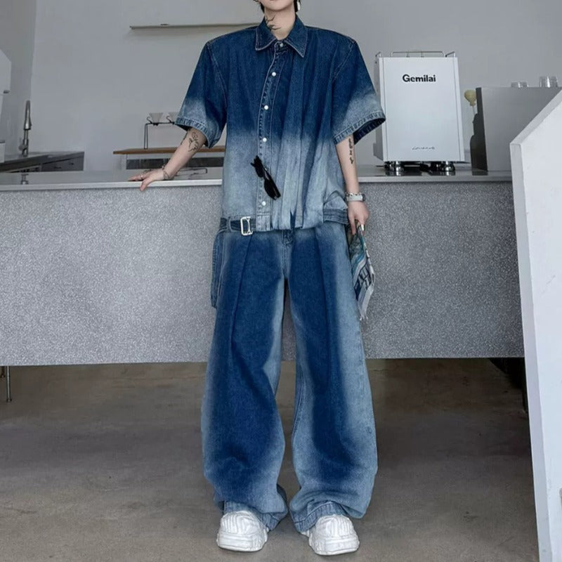 Ombré Denim Short-sleeve Jacket and Jeans Two-piece Set