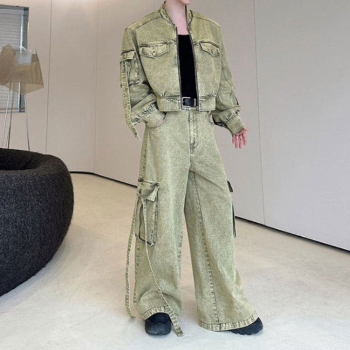 Washed Multi-pocket Workwear Denim Suit