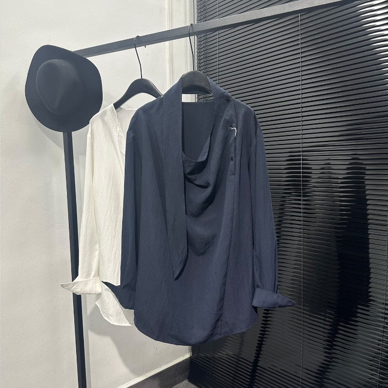 Asymmetric Neckline Tie-Detail Long-Sleeve Shirt