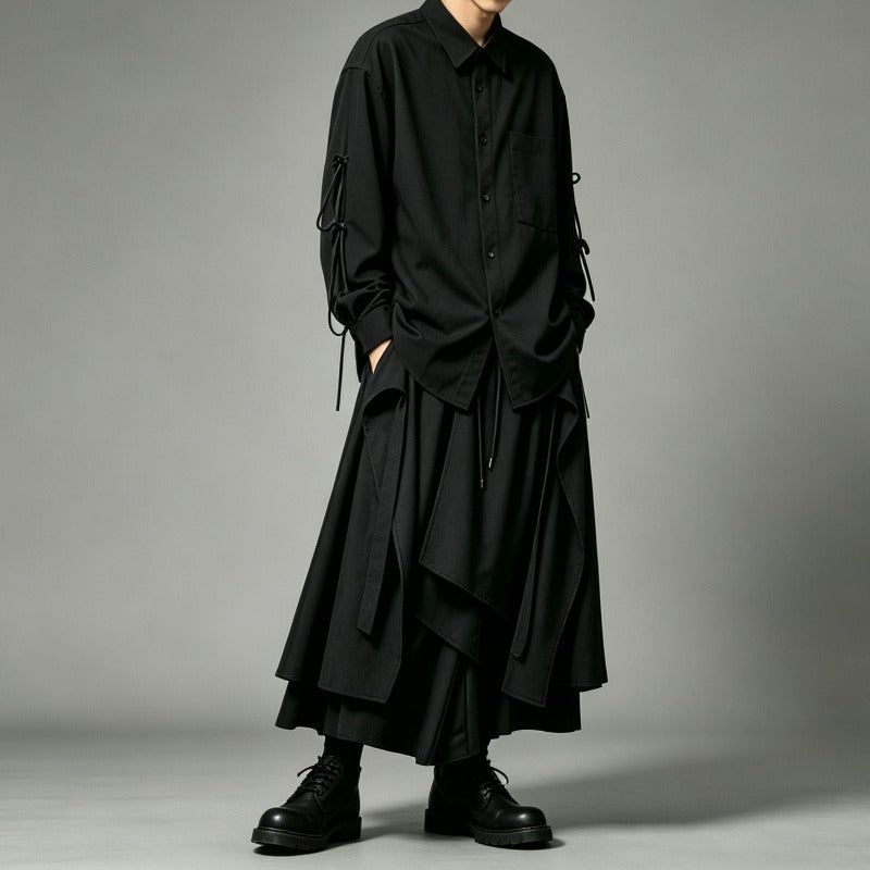 Japanese Loose Asymmetrical multi-layered Shirt and Skirt-Pants Two-piece Set