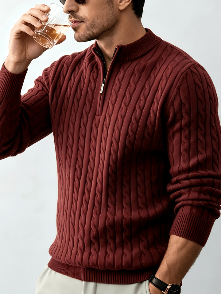 Half-Zip Stand Collar Cable Knit Long-Sleeve Sweater