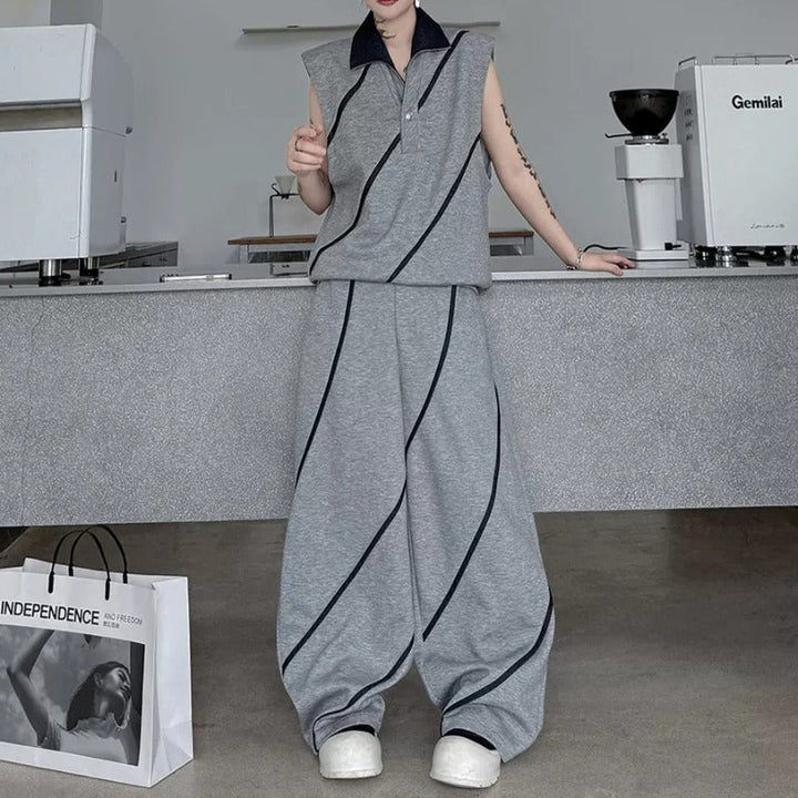 Color-block Collared Vest Casual Trousers Two-piece Set
