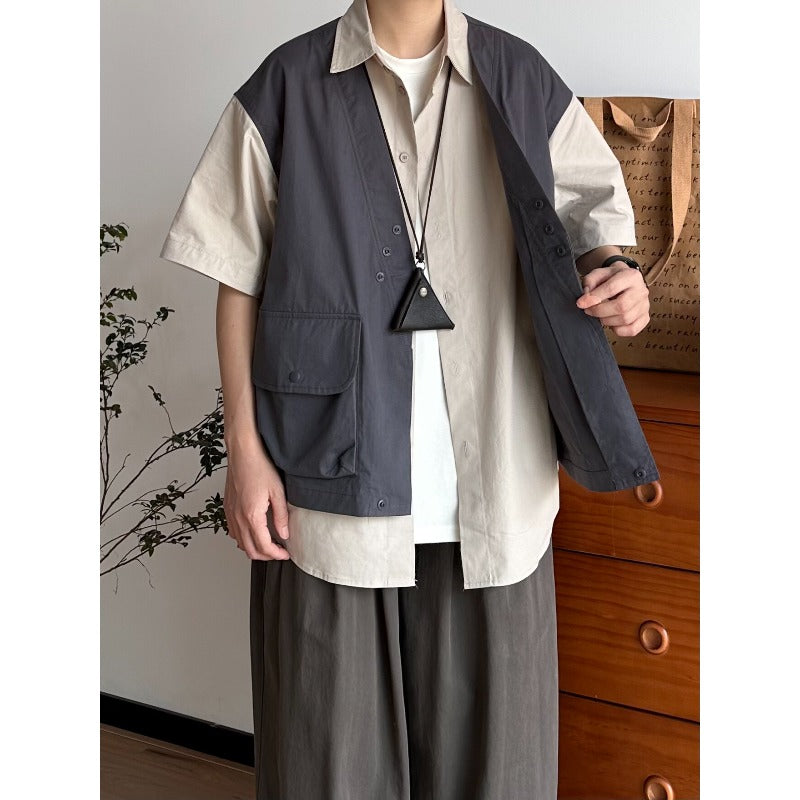 Patchwork Faux Two-Piece Workwear Short-Sleeve Shirt