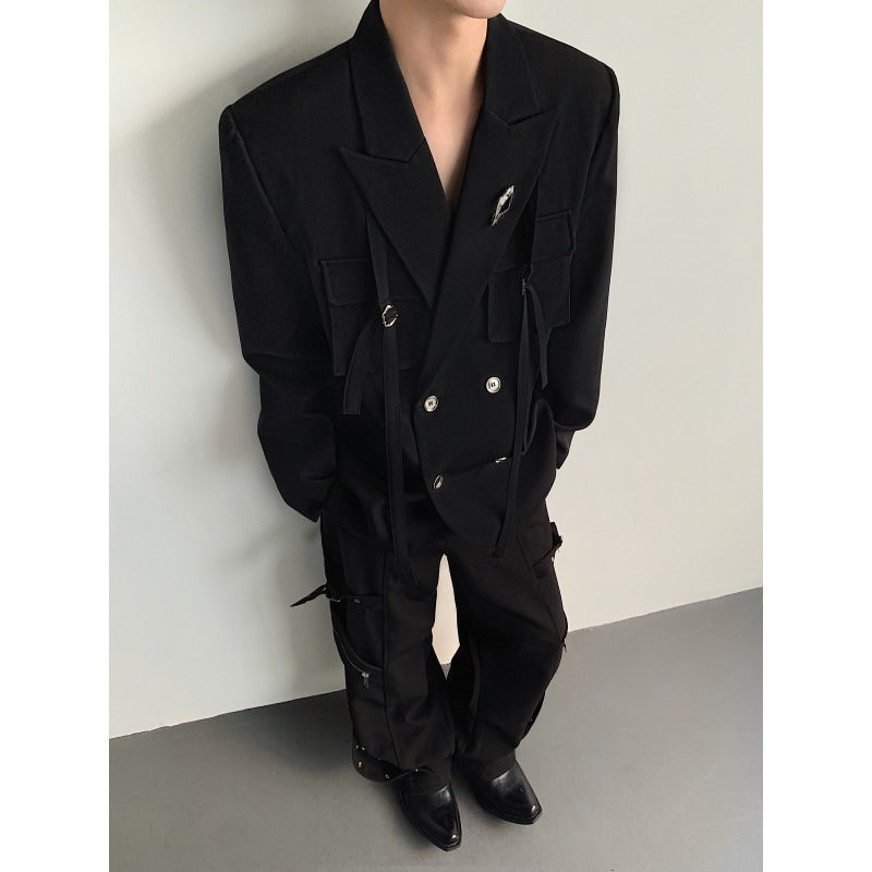 Ribbon-designed Padded-shoulder Suit Jacket