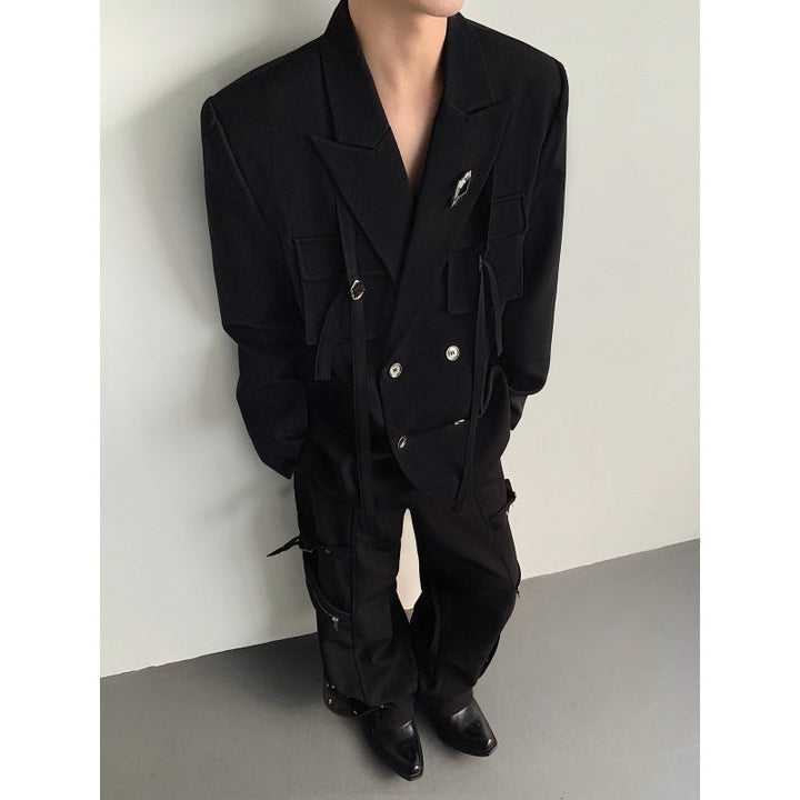 Ribbon-designed Padded-shoulder Suit Jacket