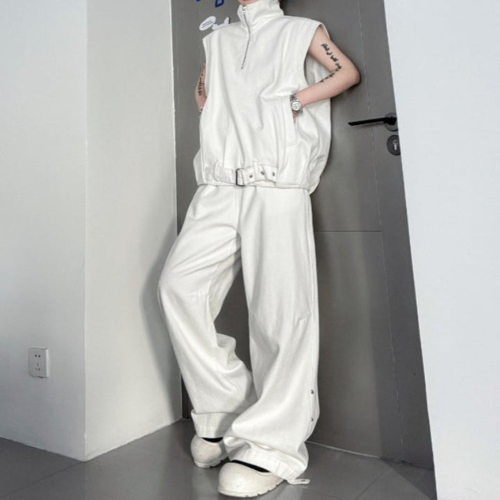 Stand-up Collar Zipper Denim Vest and Trousers Two-piece Set
