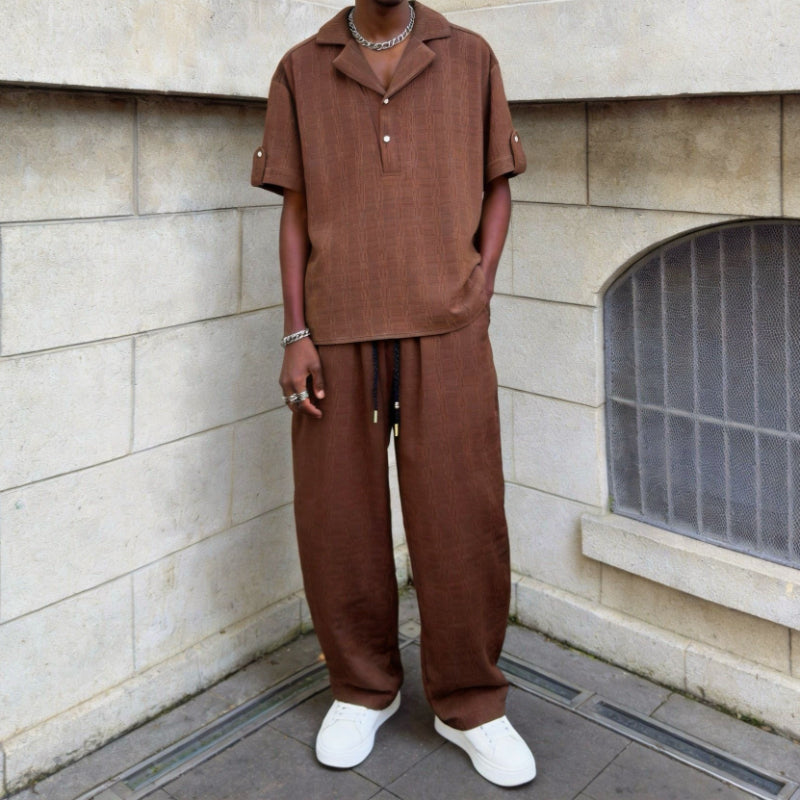 Textured Jacquard Collar Loose-Fit Shirt and Wide-Leg Casual Trousers Two-Piece Set