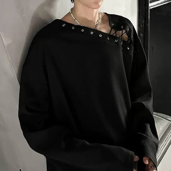 Asymmetrical Shoulder Straps Textured Long-Sleeve T-Shirt