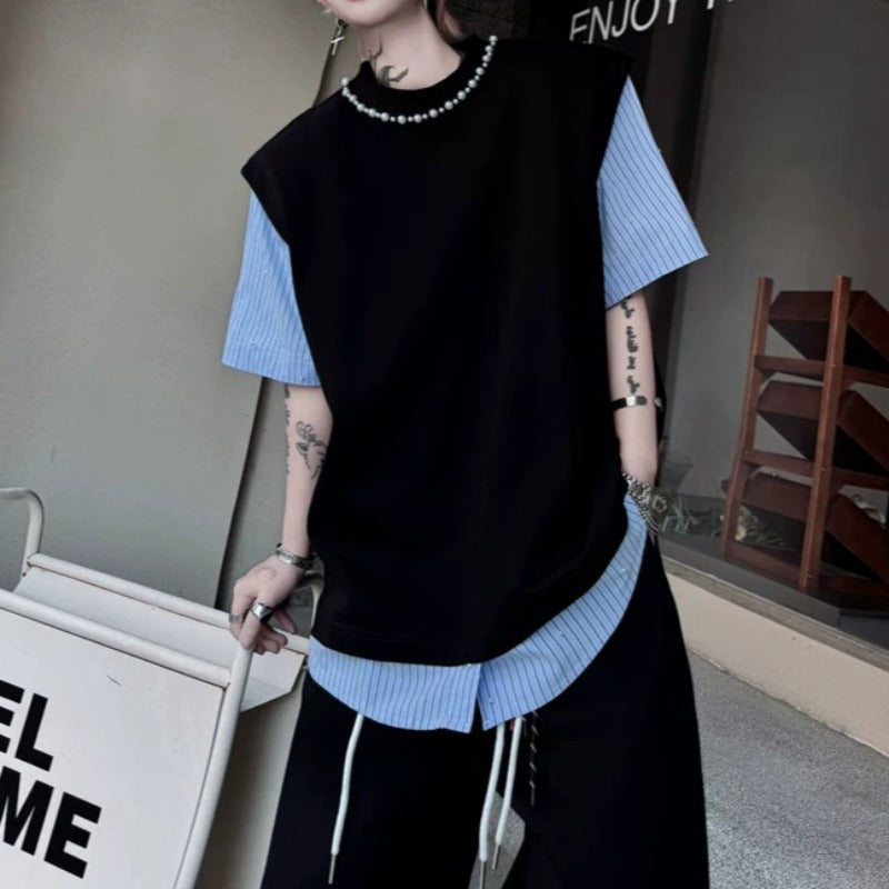 Faux Two-Piece Spliced Beaded Shoulder-Pad Short-Sleeve T-Shirt