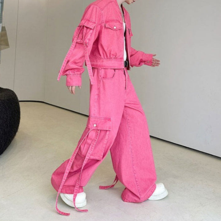 Washed Multi-pocket Workwear Denim Suit