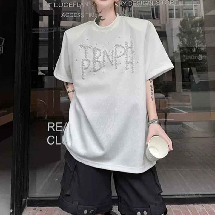 Beaded Letter Shoulder-Pad T-Shirt