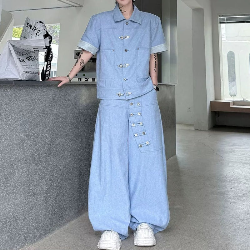 Summer Short-Sleeve Denim Jacket with Metal Buttons Denim Trousers Two-Piece Set