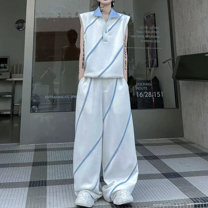 Color-block Collared Vest Casual Trousers Two-piece Set