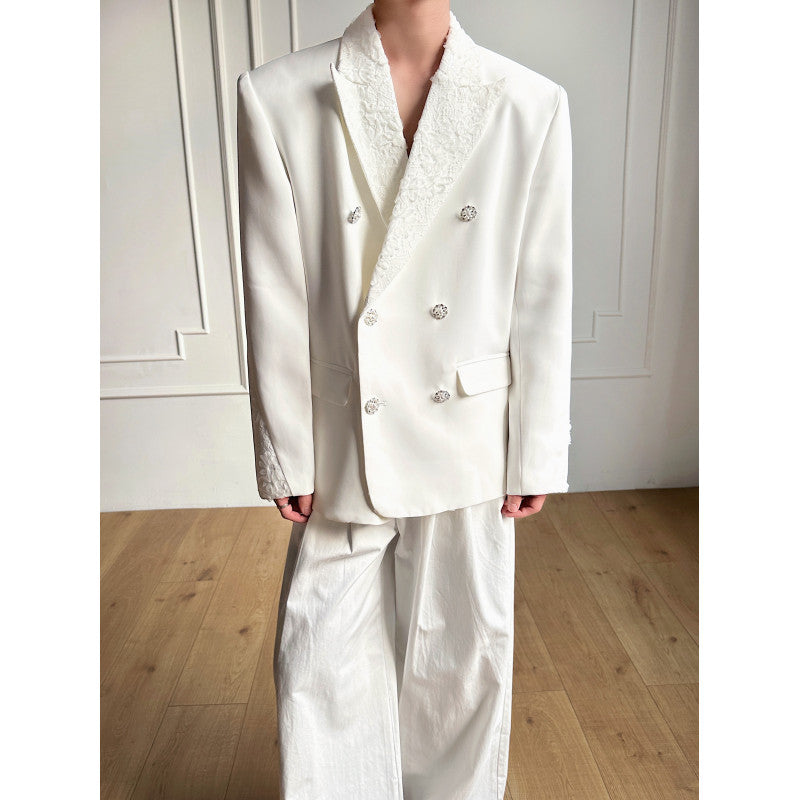 Lace-Paneled Double-Breasted Blazer with Shoulder Pads