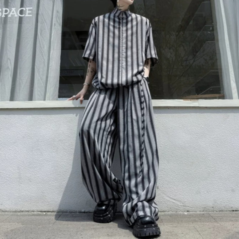 Striped Faux Two-Piece Shirt Wide-Leg Pants Two-piece Set