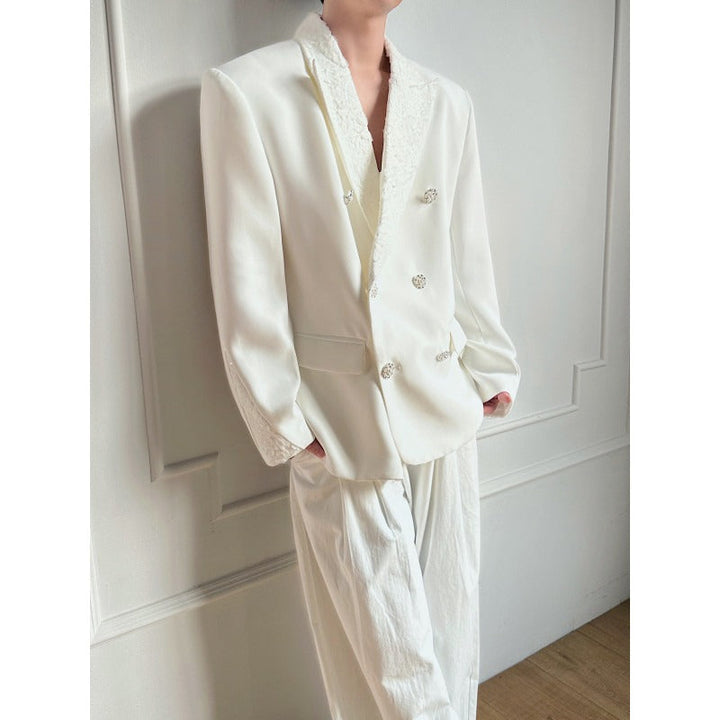 Lace-Paneled Double-Breasted Blazer with Shoulder Pads