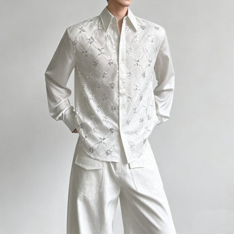 Sequin Lace Argyle-Pattern Shirt