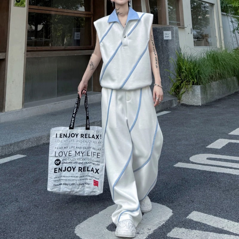 Color-block Collared Vest Casual Trousers Two-piece Set