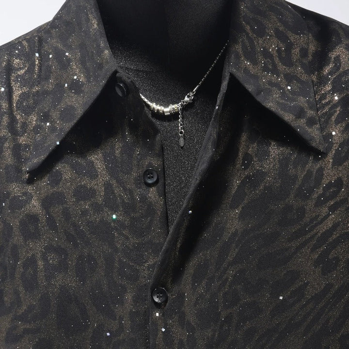 Sheer Gold Foil Leopard Print Shoulder-Pad Shirt