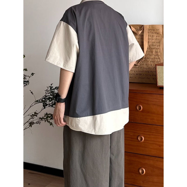 Patchwork Faux Two-Piece Workwear Short-Sleeve Shirt