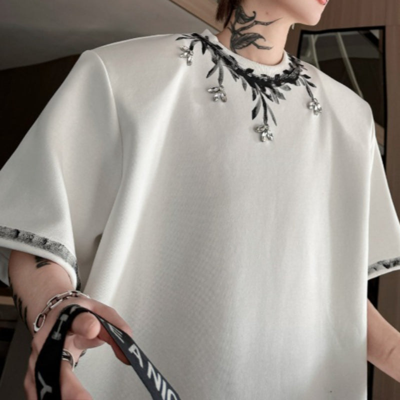 Round Neck Hand-painted Beaded Loose T-shirt